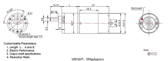 High Torque Low RPM DC Gear Motor 3v - 24V 37mm Diameter 330g For Dispenser