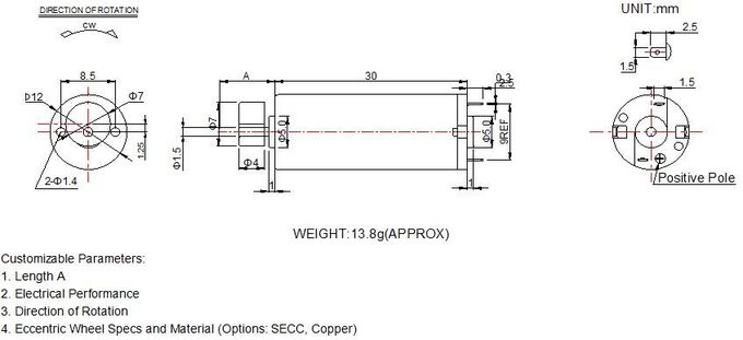 High Efficiency DC Vibration Motor 12mm Diameter RF-1230CA-Z With Brass Vibrator
